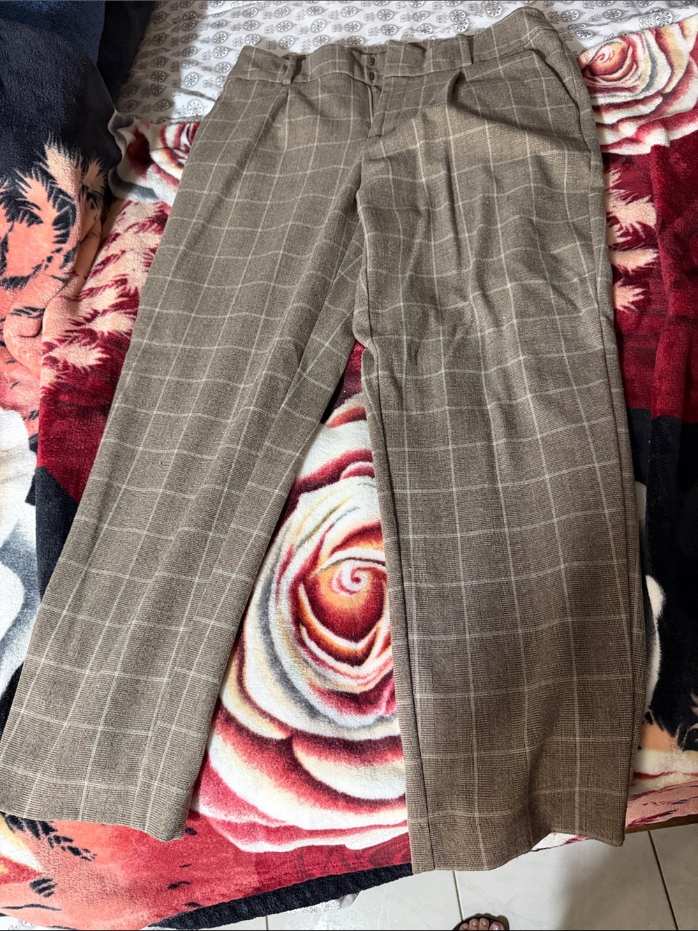 a new day Beige Windowpane Plaid Trousers